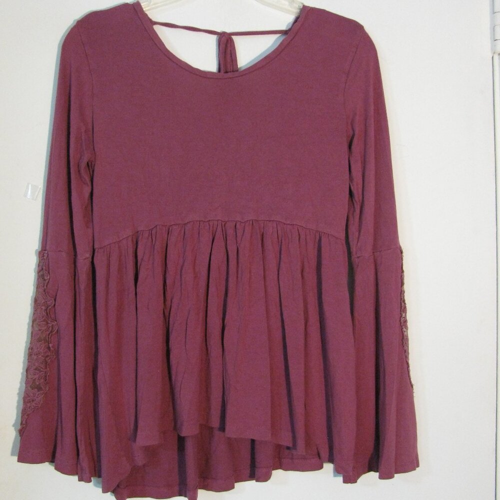 **Adam Levine Babydoll Blouse  Small Purple Lace Inset Wide Sleeves